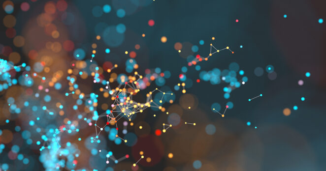 3D render of a cluster of linked colorful particles
