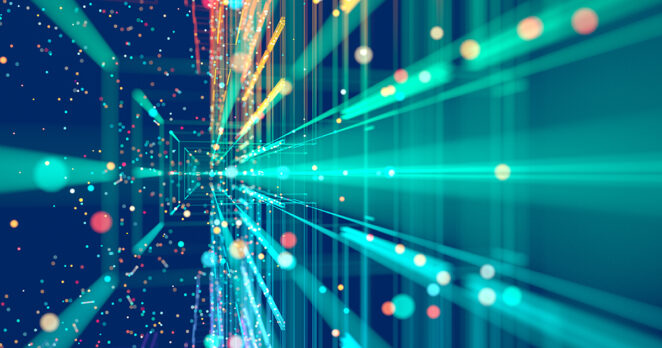 Abstract colorful grid surrounded by glowing particles