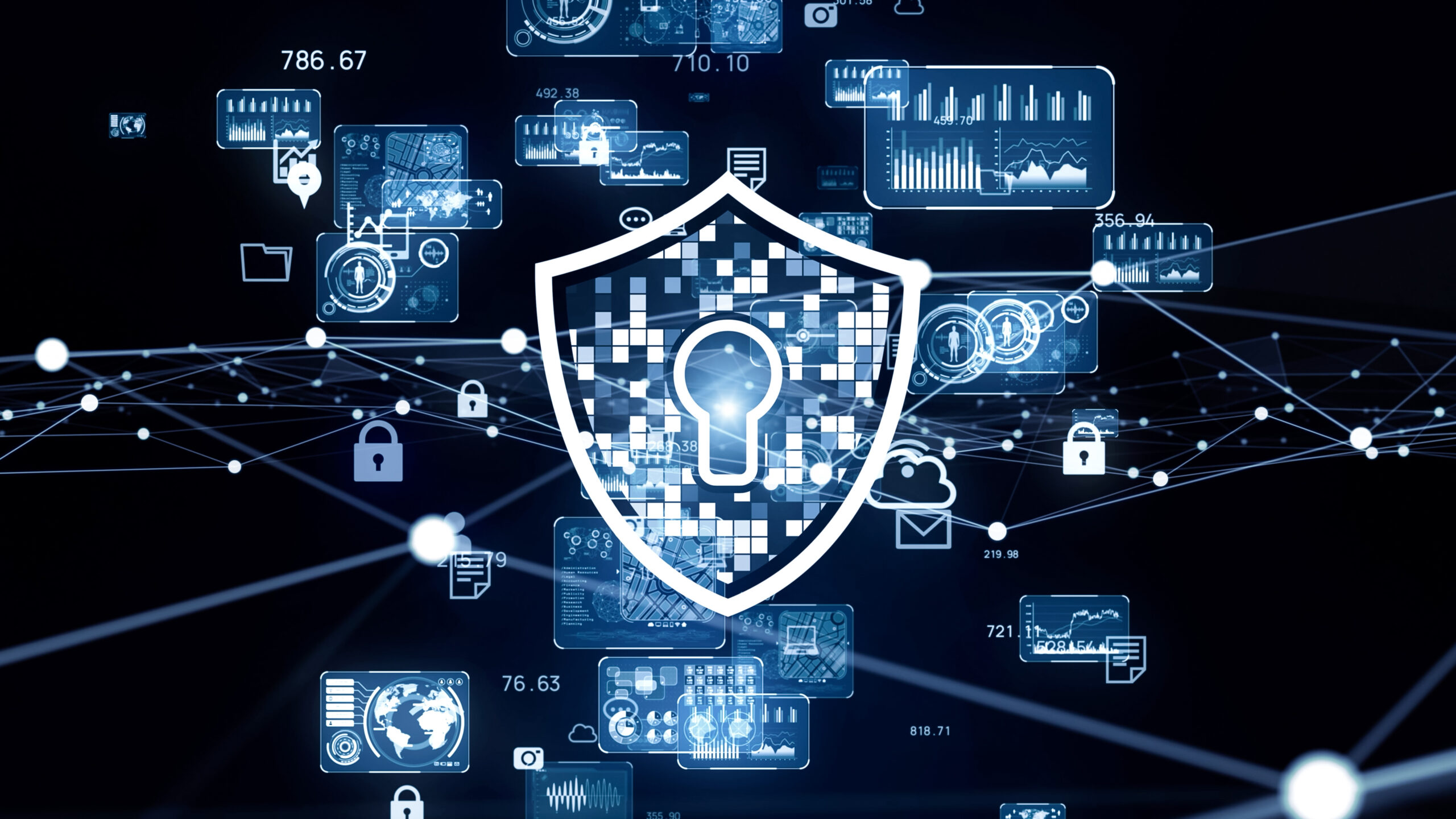 Cyber security concept. Encryption. Data protection. Anti virus software. Communication network.
