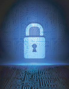 Vector blue data cyber security concept background. Circuit board padlock