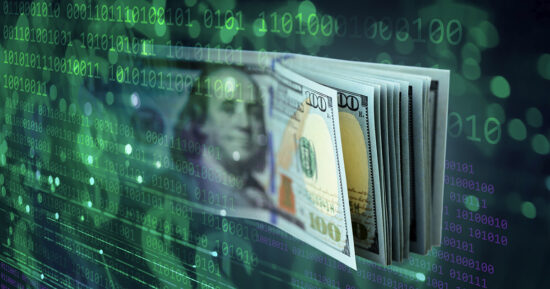 Financial Technologies - binary code background with dollar banknotes