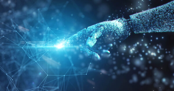 AI robot hand fixing the network data. AI Inventor