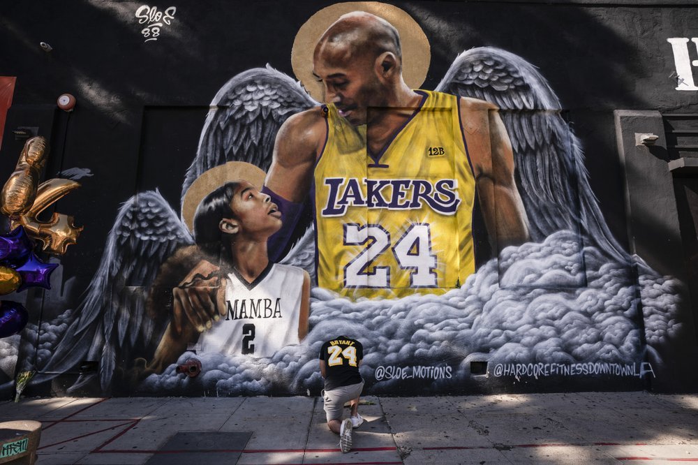 Mural painted by artist Louie Sloe Palsino of Kobe and Gianna Bryant