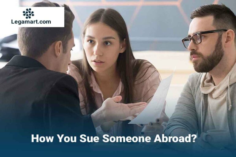 Sue Someone Commercial and Business Law a lawyer explaining to a client the process to sue someone abroad