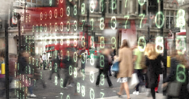 Busy, impressionistic city shopping street scene made from ones and zeros and overlaid with glowing computer numbers.
