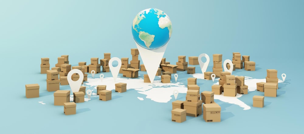Choosing the right Incoterms General earth world map surrounded by cardboard boxes paper box with gps location blue background 3d rendering panorama view min - Choosing the right Incoterms in General