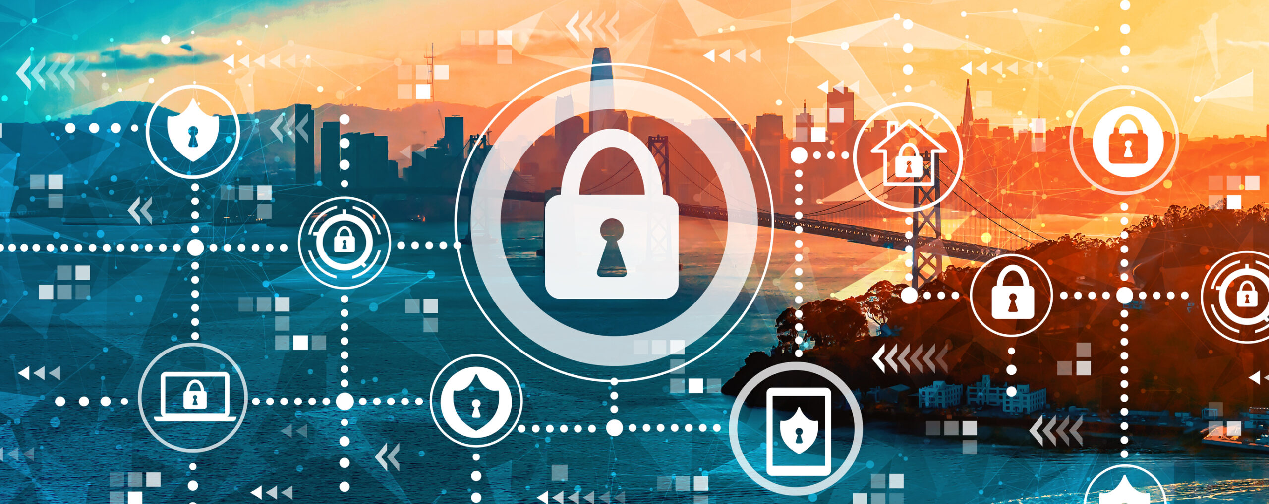 Cyber security theme with the Bay Bridge in San Francisco