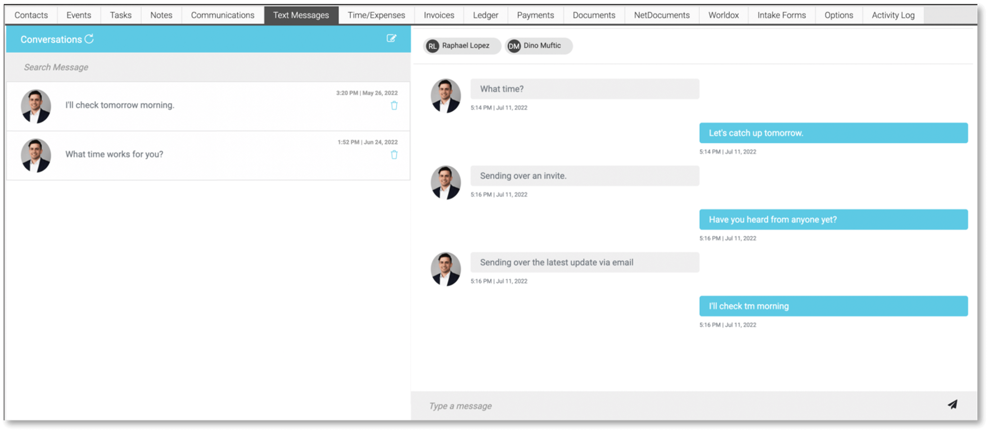 client texting dashboard