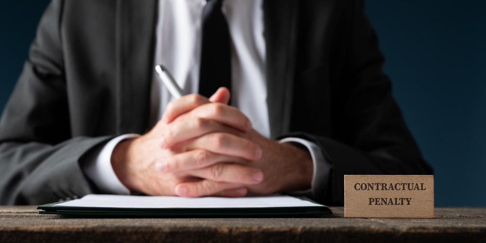 Force Majeure Clause General businessman sitting his office desk with contractual penalty sign him min - Force Majeure Clause in General