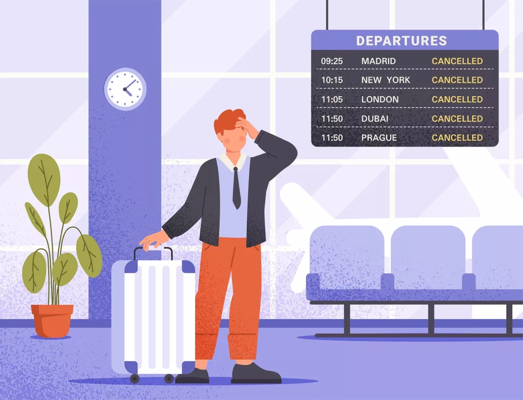 a man standing at airport while his flight is cancelled