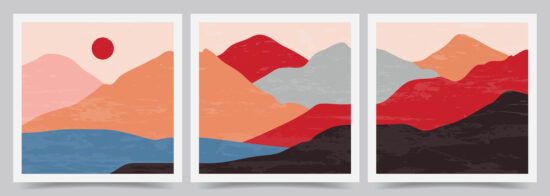 Vector illustration. Abstract contemporary aesthetic backgrounds. Landscapes set. Earth tone colors. Boho wall decor. Modern art print. Flat design for social media template, square banner. Mountains