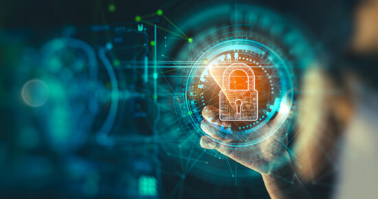 Cyber security and data protection. Businesswoman using modern screen computer protecting business and financial data with virtual network connection. Innovation technology develop smart solution.