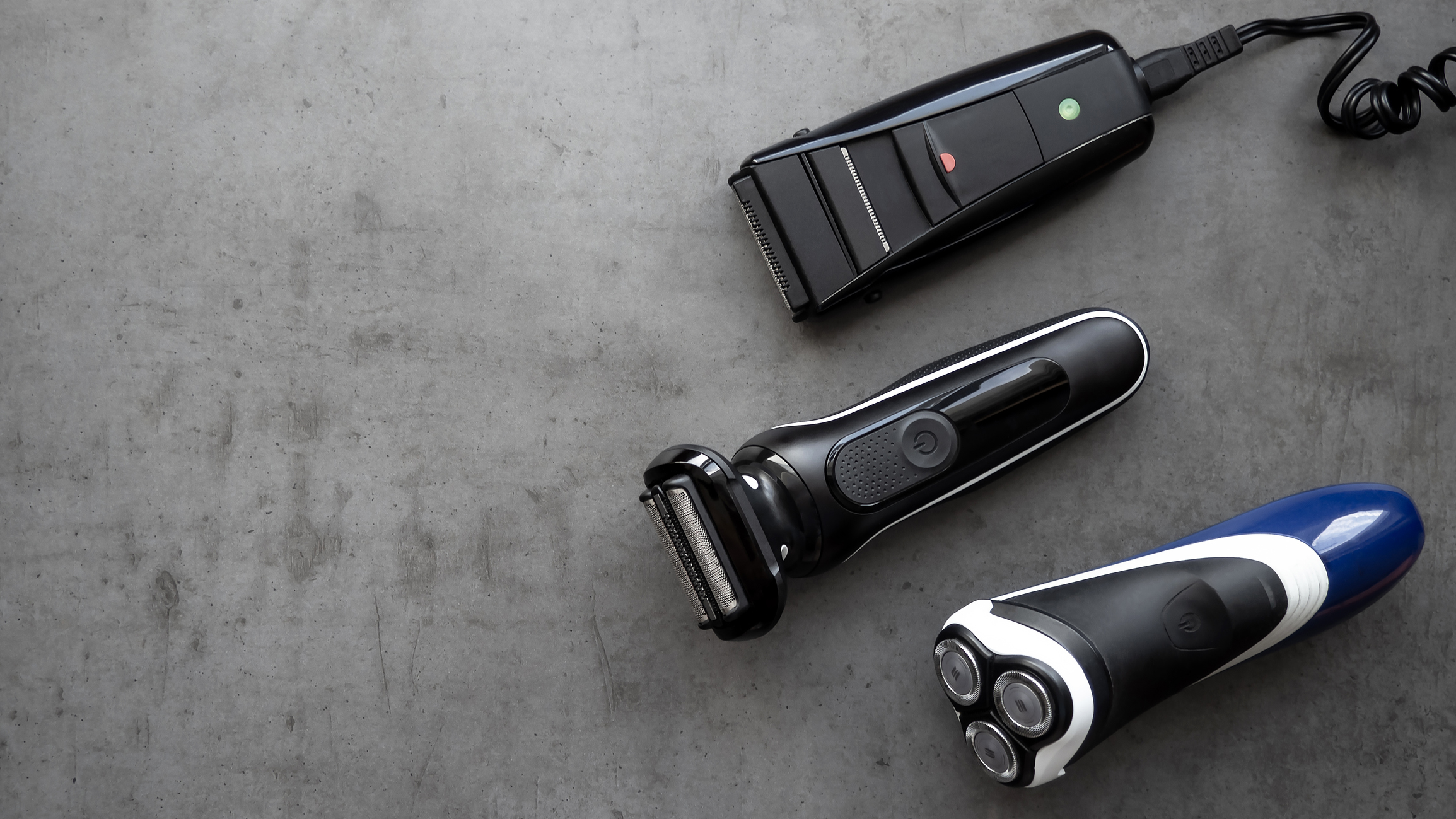 Electric razor of different types close-up. Razor. Male set.