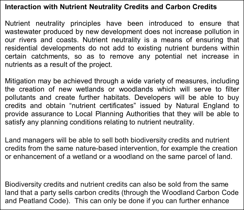 Text Image describing the interaction with nutrient neutrality credits and carbon credits.