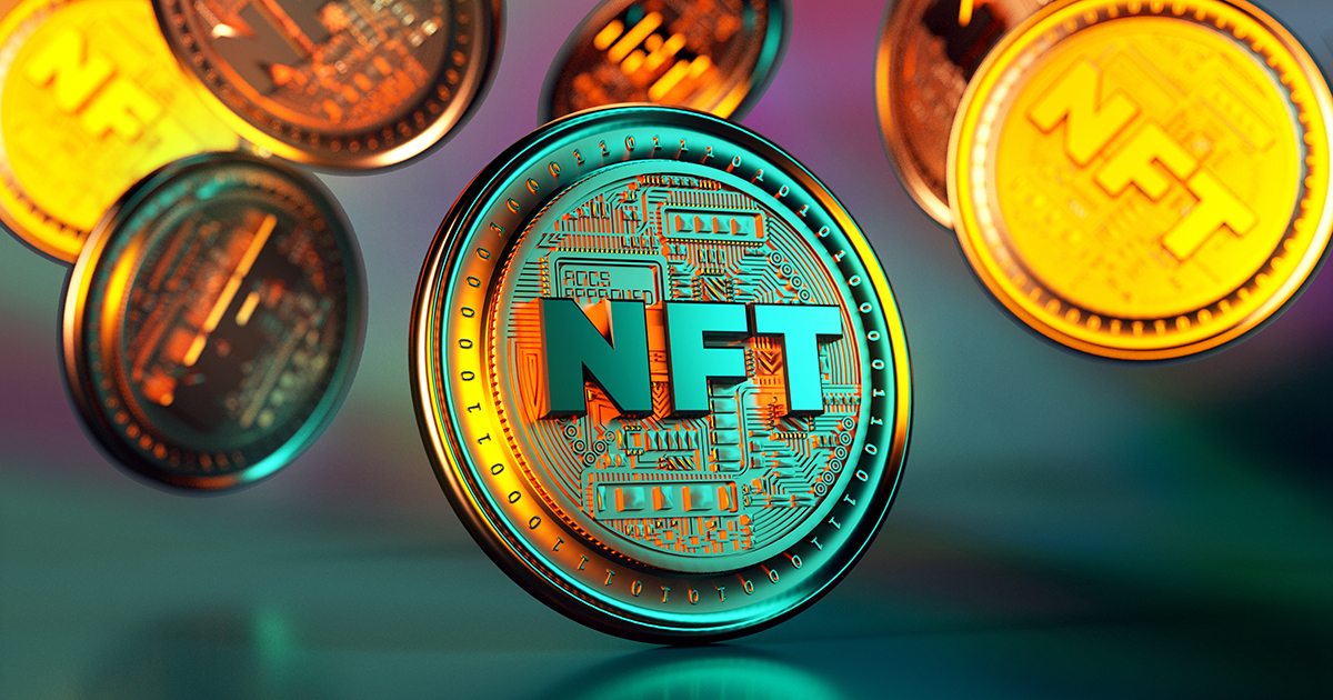 NFT non fungible token golden coins falling. Trendy cryptocurrencies and coins on the blockchain technology. Close up view of crypto money in 3D rendering