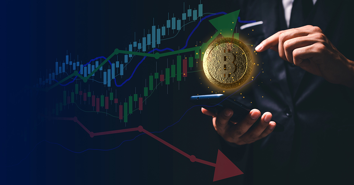 Man holding a phone with a 3d bitcoin symbol above it - trading, cryptocurrency, investing concept