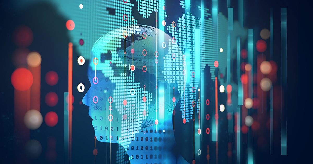 double exposure image of virtual human on world map 3dillustration