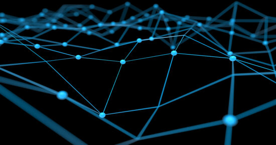 Blockchain network , Machine learning , deep learning and neural networks concept. Blue Distributed connection atom with black background , 3d rendering