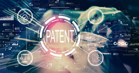 Patent concept with man using tablet