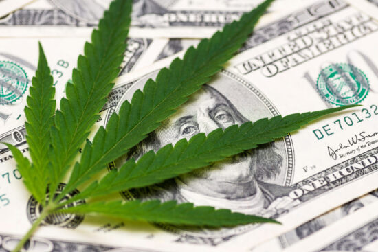 Cannabis medical marijuana leaf on one hundred dollar bills. A s