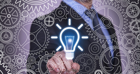 Ideas Concepts Light Bulb and Gears on Vitual Screen