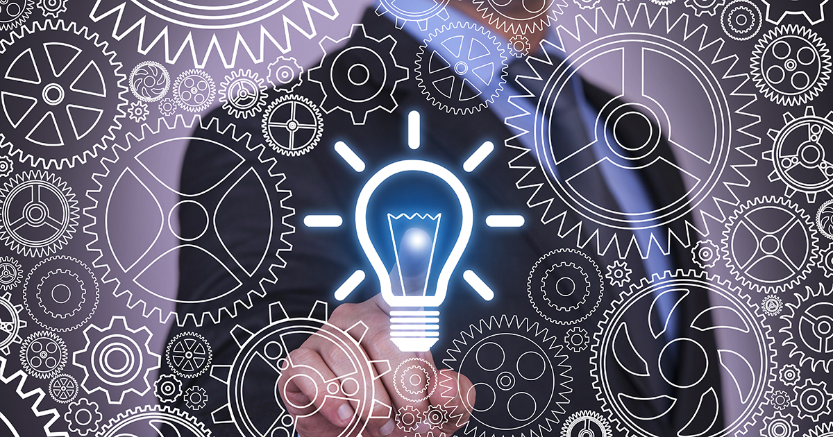 Ideas Concepts Light Bulb and Gears on Vitual Screen