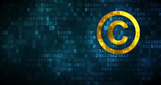 A yellow copyright symbol on a digital background