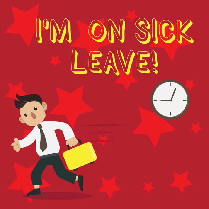 Conceptual hand writing showing I M On Sick Leave. Business photo showcasing absence from work school permitted because of illness Man Carrying Briefcase Walking Past the Analog Wall Clock.