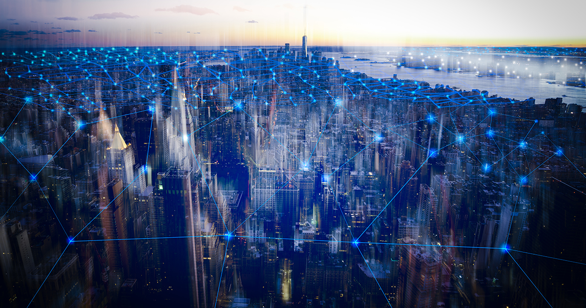 technology smart city with network communication internet of thing.  Internet concept of global business in New york, USA.