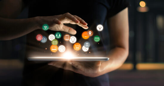 Digital online marketing commerce sale concept. Woman using tablet payments online shopping and icon customer network connection on hologram virtual screen, m-banking and omni channel.