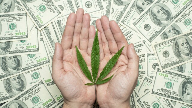 "Legalize Cannabis" concept. Hand holding a marijuana leaf floating above the several banknotes.