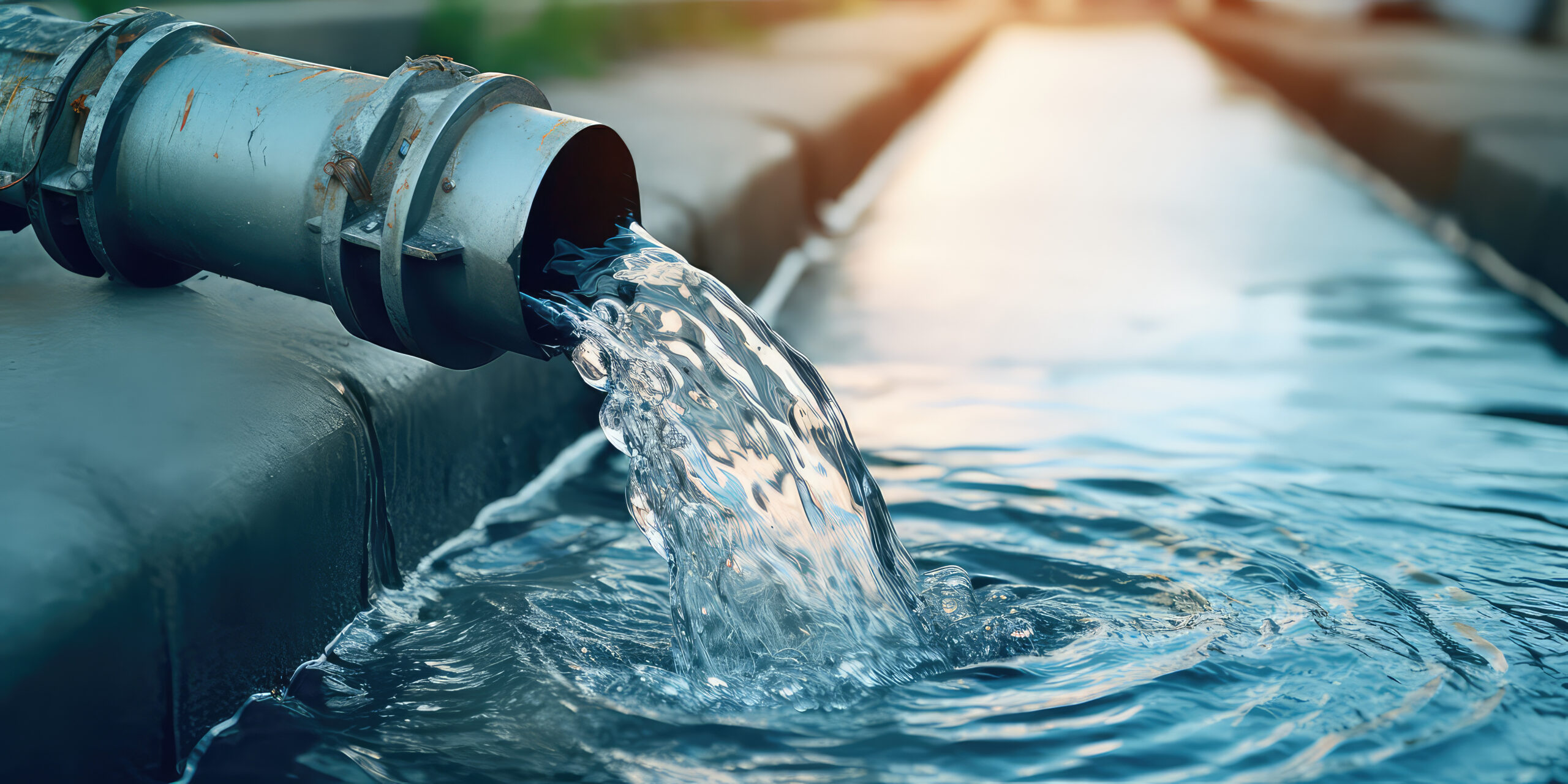 Water pipe in water field, discharge. Clear Water flowing from a pipe, closeup.