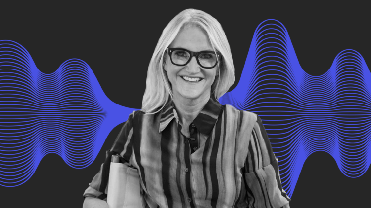 ClioCon 2023 Mel Robbins A black and white headshot of Mel Robbins in front of a purple sound wave graphic