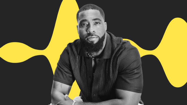 ClioCon 2023 Brian Banks A black and white headshot of Brian Banks on front of a yellow sound wave graphic