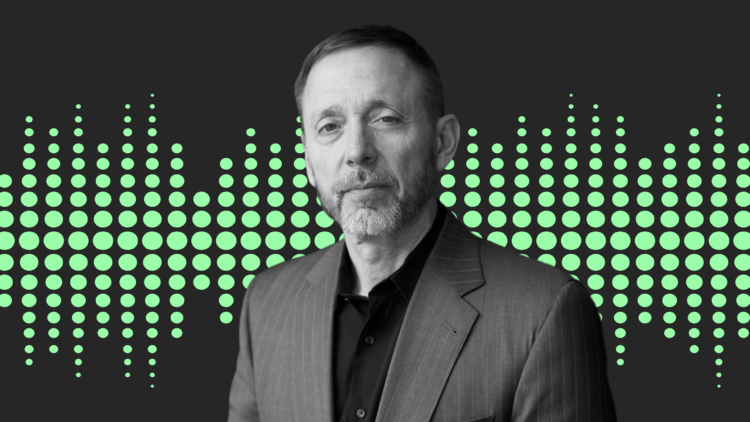 ClioCon 2023 Chris Voss A black and white headshot of Chris Voss in front of a green sound wave graphic