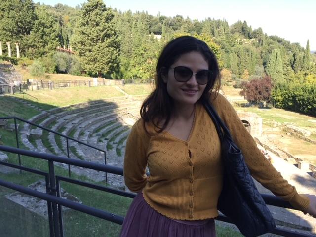 A person standing on a railing in front of an amphitheater Description automatically generated