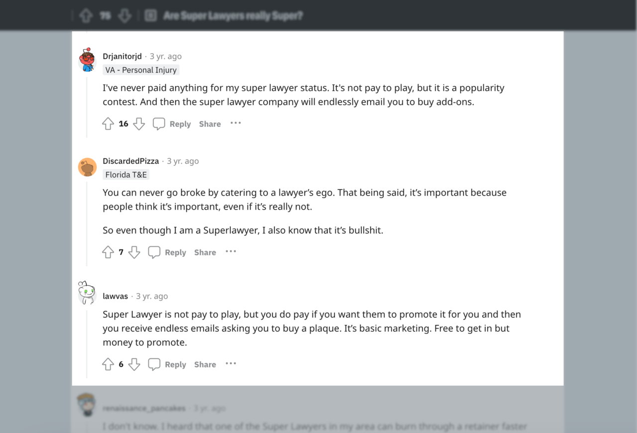 Super Lawyers: Does it Legit Help Your Practice? 1 Super Lawyers Reddit Comments