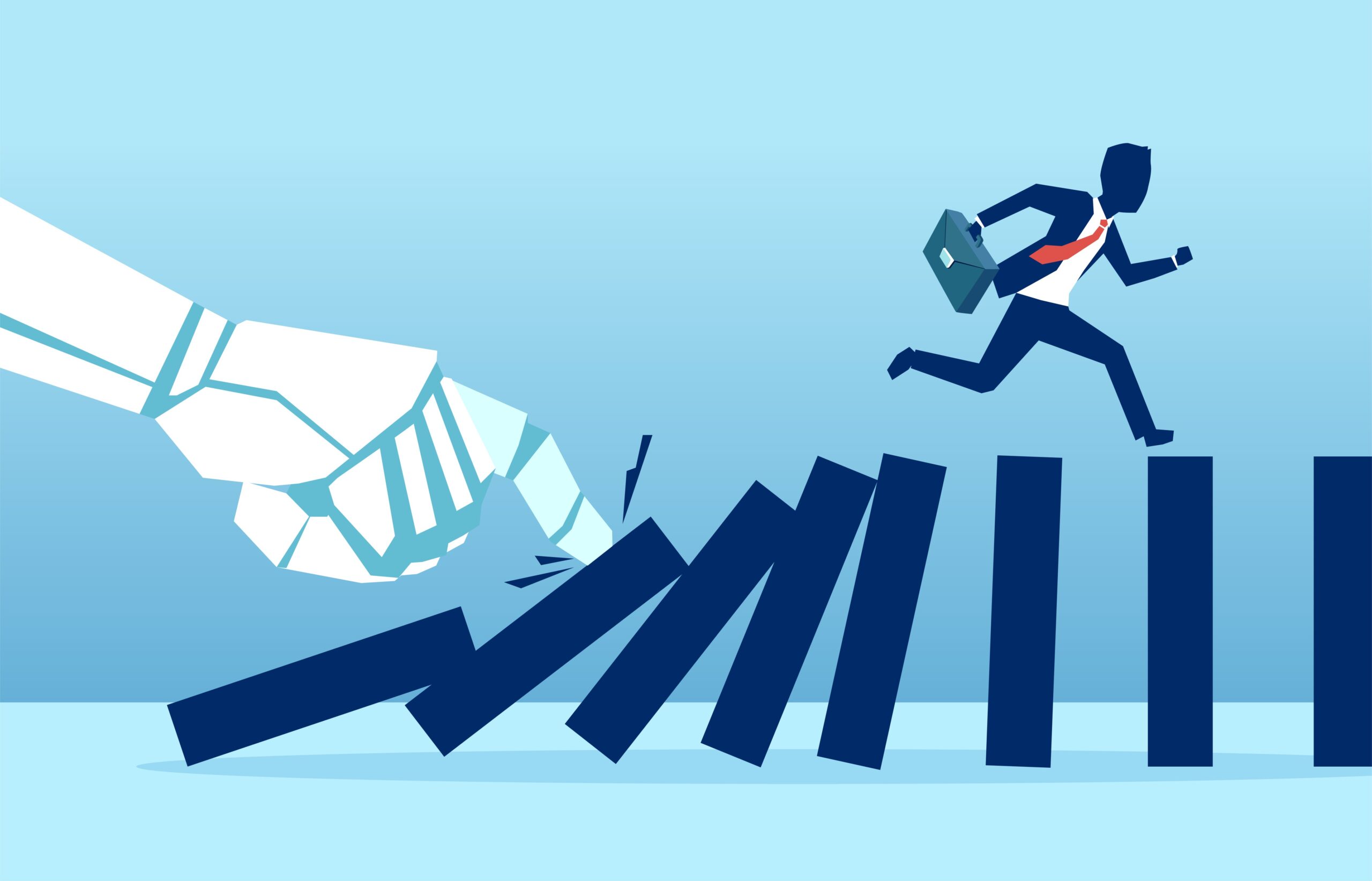 Vector of a robot hand pushing dominoes while businessman runing away from falling effect.