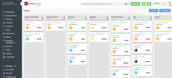 A family law focused Kanban board on Rocket Matter