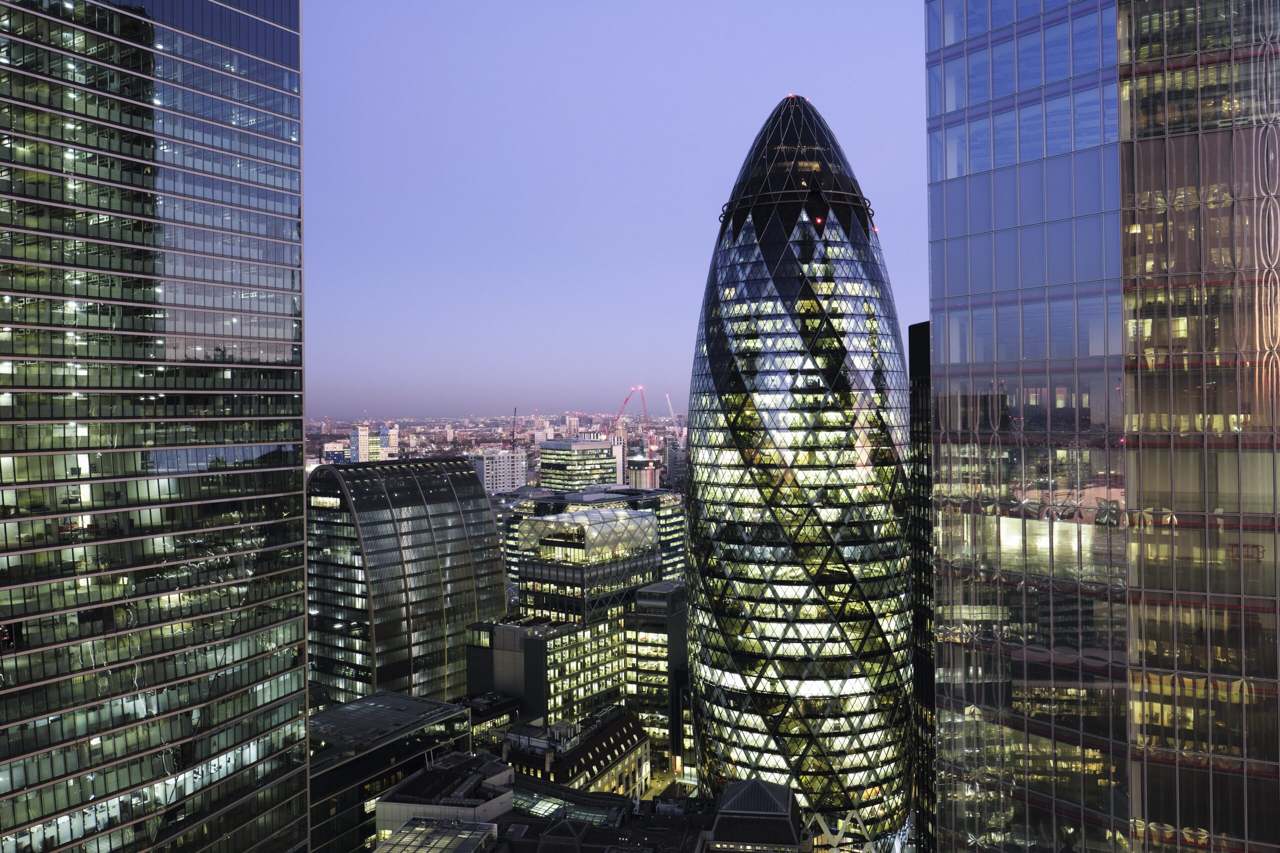 Elevated view of London financial district at dusk