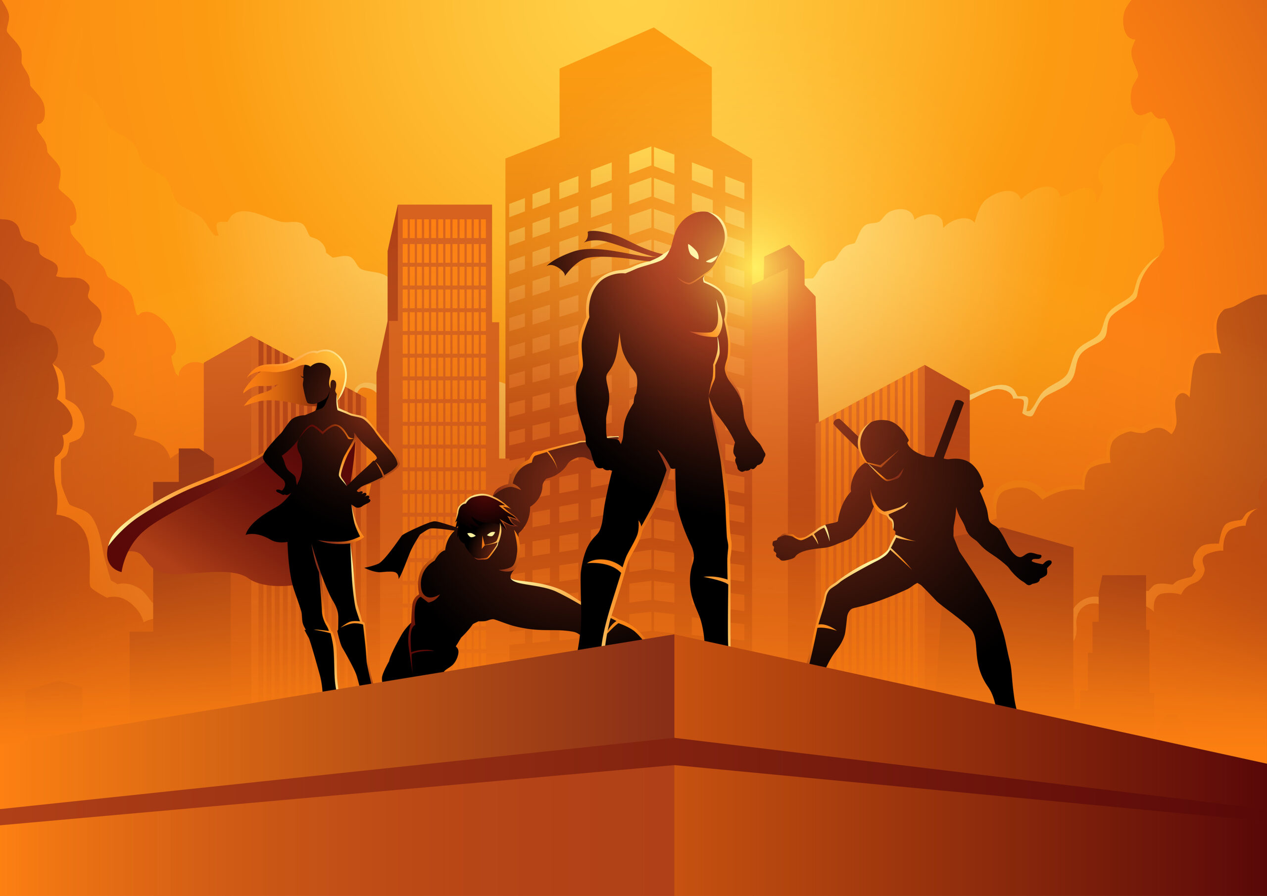Silhouette of superheroes in different poses on top of a buildin