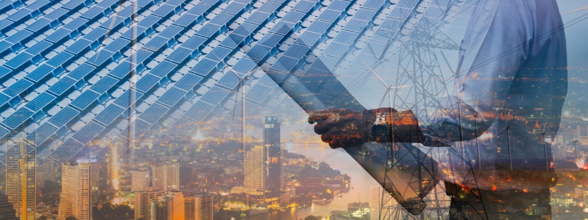 Double exposure graphic of engineer people working over energy station tower-sustainability development by alternative energy-Shutterstock_2132683667