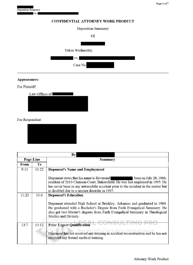 Legal Consulting Pro Page-Line Deposition Summary Sample