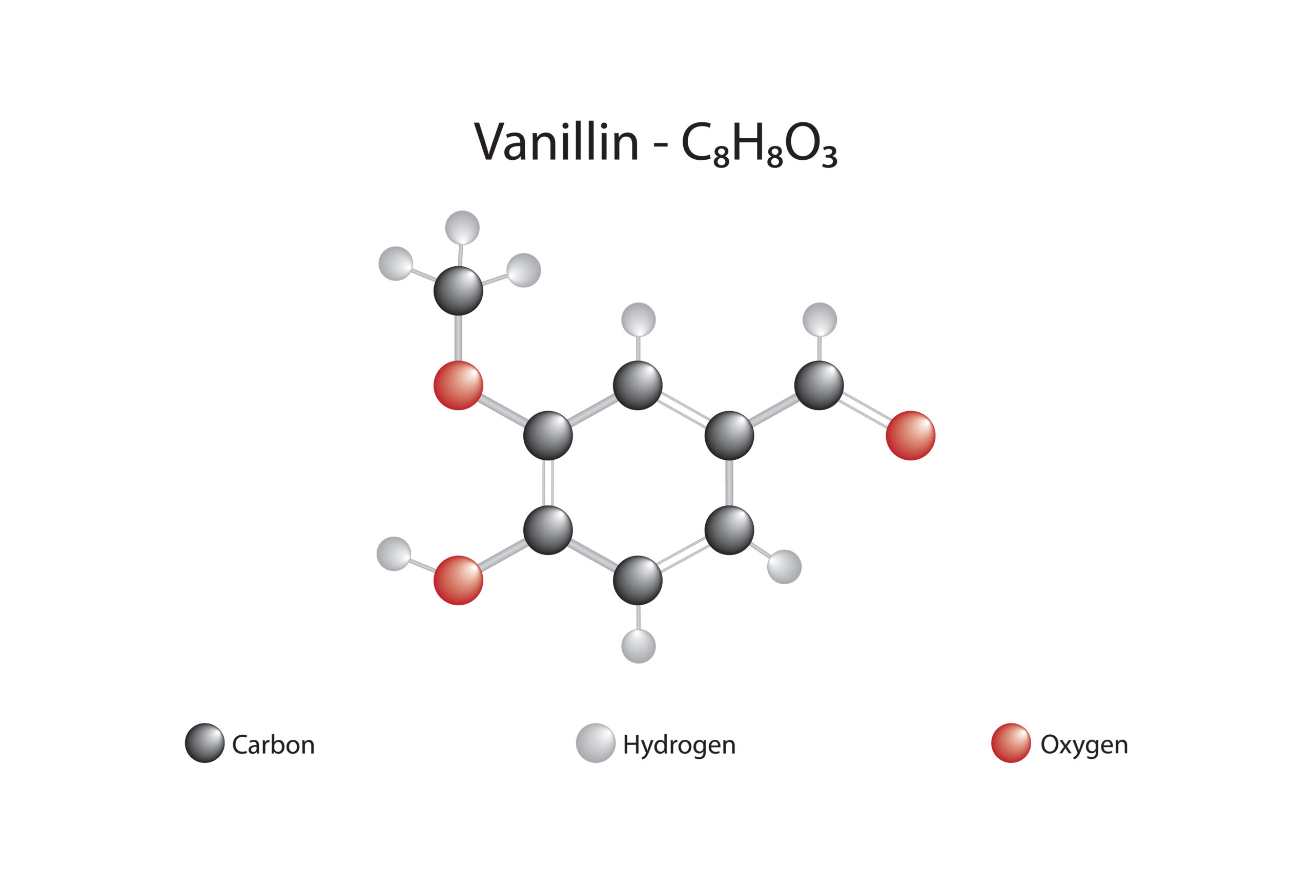 Molecular formula of vanillin. Vanillin is a fragrant substance found in the fruit of vanilla in the form of a glycoside.