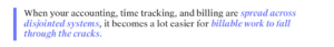 When your accounting, time tracking, and billing are spread across disjointed systems, it becomes a lot easier for billable work to fall through the cracks.
