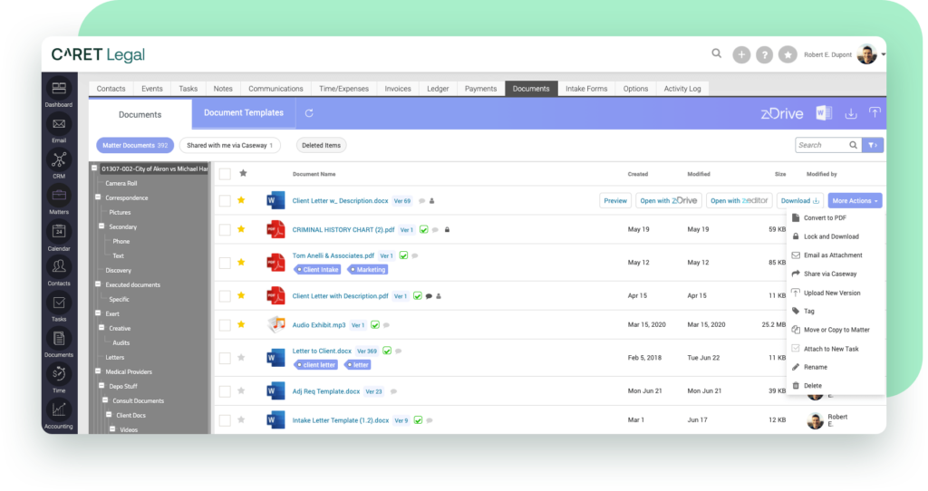 document management in CARET Legal