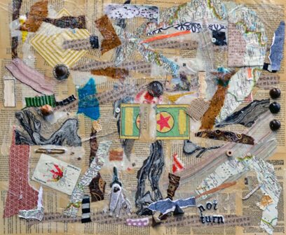 Matt Goldberg - traditional mixed media - around 2014 A colorful, abstract collage with various paper and fabric scraps, buttons, and thread arranged on a textured background, featuring text fragments and an illustration with a red star design.