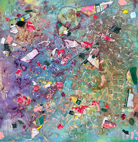 Matt Goldberg - traditional mixed media - Summer 2024 Abstract painting featuring an array of colorful fragments and shapes scattered across a predominantly blue-green background.