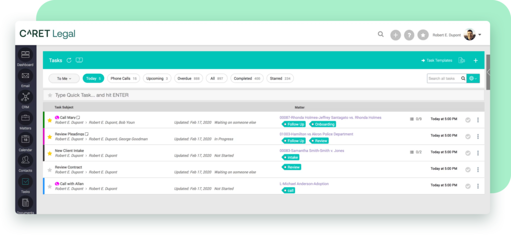 Task management interface in CARET Legal