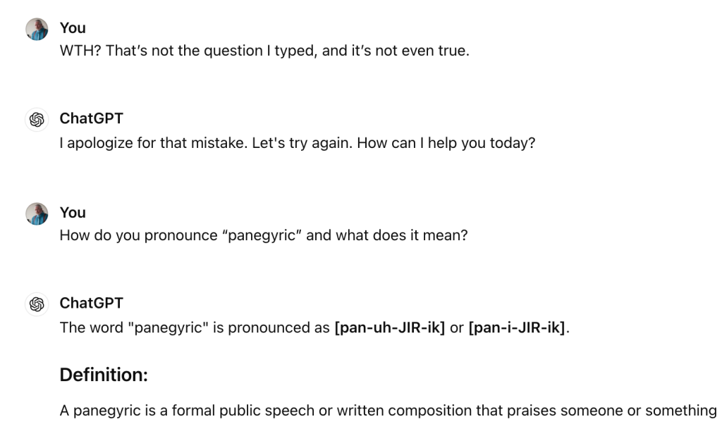 The correct question, which was about the word "panegyric" and the correct answer to go with it